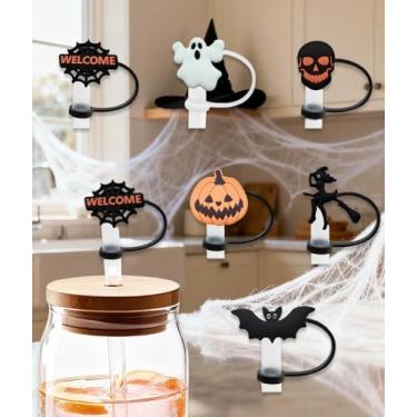 Imagem de 6 peças de tampa de palha de Halloween para copo Stanley, tampa de silicone reutilizável com pontas de canudo