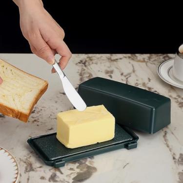 Imagem de Manteiga hermética com tampa para bancada e prateleira de porta de geladeira, com faca de modelador de manteiga, recipiente de plástico para manteiga, mantém a manteiga macia (verde escuro)