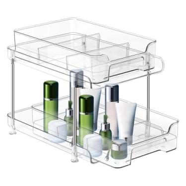 Imagem de Organizador de casa removível – Rack de armazenamento empilhável transparente | Com divisórias, organizador de banheiro multiuso transparente para desktop, penteadeira,