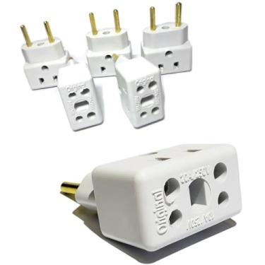 Imagem de Kit com 6 unidades Adaptadores Esponja/Plug T Benjamin de Tomada Triplo Branco 10A/20A 250V Pino Chato Multiplicador de Tomadas Elétrico