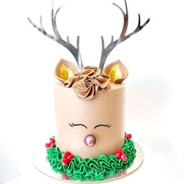 Imagem de Topo de bolo de Natal, decorações de bolo de chifres de metal design elegante prata 3D, enfeite de mesa de sobremesa de cupcake de Natal para casamento, suprimentos de festa de Natal - prata