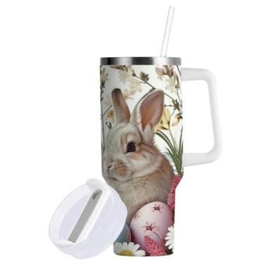 Imagem de Blueangle Copo de coelho da Páscoa de 850 g com alça e tampa de palha, copo isolado, reutilizável, garrafa de água de aço inoxidável, caneca de viagem (72)