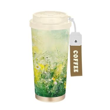 Imagem de SEHANY Caneca de viagem Green Grasses Wildflower 482 g Copos de café reutilizáveis revestidos de cerâmica com tampa à prova de vazamento, parede dupla, isolamento a vácuo, copo de café de aço
