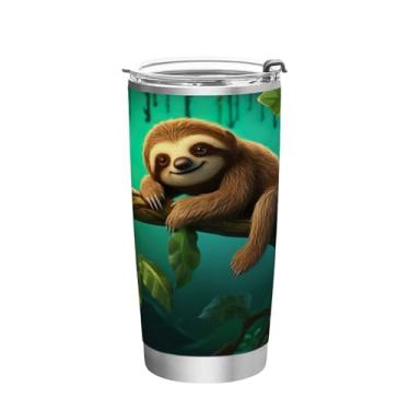 Imagem de Blueangle Copo de 590 ml com tampa e canudo, copo de café com água isolada a vácuo de aço inoxidável, caneca de viagem de preguiça de desenho animado copo térmico para bebidas quentes e frias (878)