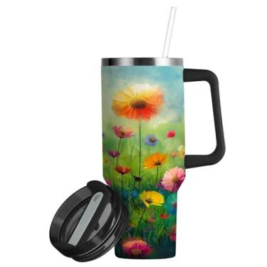 Imagem de ATTX Copo de pintura de flores coloridas de 850 g com alça, copo de aço inoxidável a vácuo de parede dupla com palha, caneca de café de viagem isolada #240