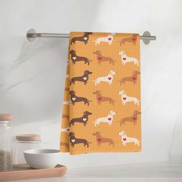 Imagem de Adorável Dachshund & Heart Pattern Toalhas de cozinha 33 x 58 cm, toalha de prato decorativa de microfibra absorvente, toalhas de chá de waffle para cozinha, casa, banheiro, presentes para amantes de