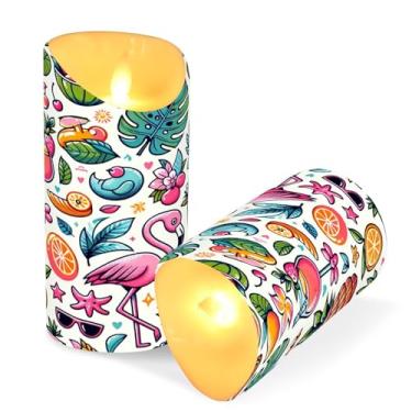 Imagem de ATTX Pacote com 2 velas de flamingo sem chama de frutas – 7,6 cm x 9,9 cm com controle remoto e temporizador para casa, casamento, decoração de acampamento #341