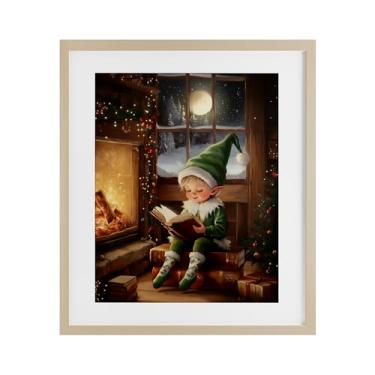 Imagem de Stupell Industries "Reading Elf by Fireplace", Impressão emoldurada sob vidro, marrom, 13 x 16