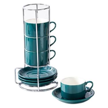 Imagem de KiBcsLic Conjunto de 4 xícaras de café de cerâmica com pires e suporte decorativo. Utensílio multifuncional, e inovador para presentear em, Verde