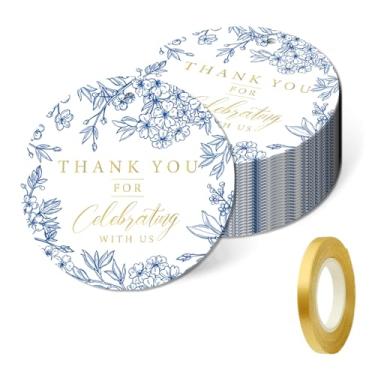 Imagem de 50 etiquetas de presente de agradecimento, etiquetas de presente personalizadas florais azuis de 5 x 5 cm com cordão para casamento, aniversários, lembrancinhas, chá de bebê, chá de panela