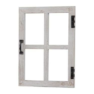 Imagem de Sintosin Moldura de janela pequena rústica para decoração de parede 30,5 x 40,6 cm, painel de janela branco lavado feito à mão para sala de estar, quarto, decoração de parede de janela falsa para