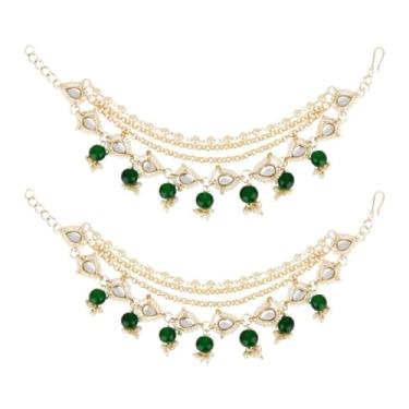 Imagem de I Jewels Corrente de orelha com contas de pérolas em camadas de Bollywood para casamento indiano banhado a ouro com gotas de pedra para mulheres (E3187G)