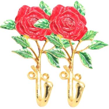 Imagem de XKTIAN Ganchos de parede de metal com forma de pássaros e flores 3D estilo ornamentado dourado para pendurar roupas, casacos, toalhas, chaves, chapéus (2, flor dourada/vermelha)