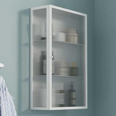 Imagem de Armário de armazenamento de vidro de porta única montado na parede, organizador de vidro temperado para cozinha e banheiro, armário de remédios com moldura de metal branco elegante, prateleira de