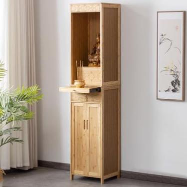 Imagem de Mesa de altar de meditação de bambu com armazenamento, armário de santuário pessoal simples para ofertas de Buda, mesa de nicho budista chinês de 60 cm/23,6 polegadas, ideal para práticas espirituais