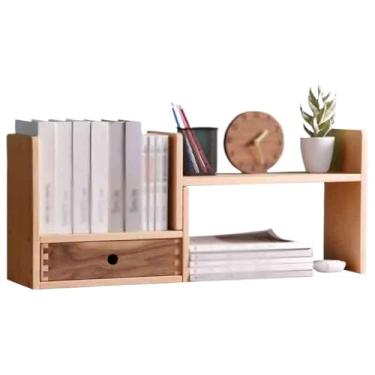 Imagem de VHDY85KA Estante de livros simples ajustável para mesa, prateleira organizadora retrátil de madeira com gavetas, para escritório em casa, suporte de exibição de armazenamento moderno
