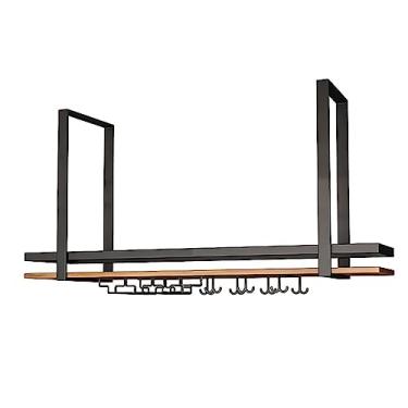 Imagem de Prateleira rústica de montagem no teto, rack de vinho suspenso com suporte de vidro e prateleira, prateleiras flutuantes de barra de camada única, rack organizador de prateleira de madeira pendurado