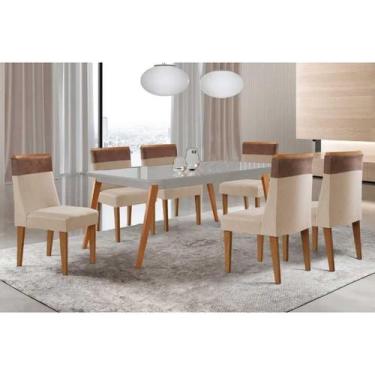 Imagem de Sala Jantar Mesa Havana Tampo c/ Vidro Curvo 180cm+6 Cadeiras Jaspe Ma