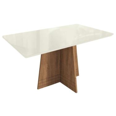Imagem de Mesa Para Cozinha Lótus Com Tampo Madeirado Com Vidro 160x90cm Freijó Off White Kappesberg