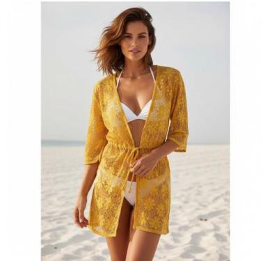 Imagem de Saída De Praia/ Kimono Em Renda De Arrastão Moda Verão - Corpo Dourado
