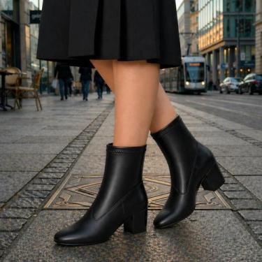 Imagem de Bota Feminina Stretch Cano Médio Bico Quadrado Salto Grosso - LAZZLU, 