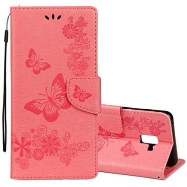 Imagem de Capa ultrafina para Galaxy A8 (2018) vintage em relevo estampa floral de borboleta com compartimento para cartões, carteira e cordão (preto) capa traseira para telefone (cor rosa)