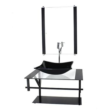 Imagem de GABINETE DE VIDRO PARA BANHEIRO 60CM AP CUBA RETANGULAR PRETO COM TORNEIRA CROMADA