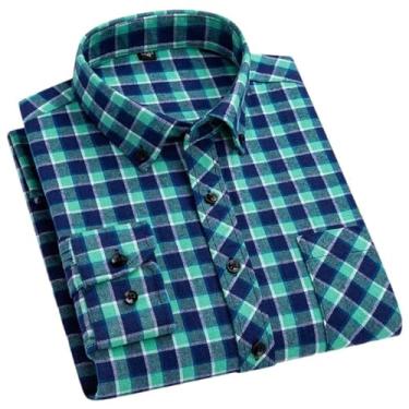 Imagem de Camisa xadrez masculina de manga comprida com bolso único e ajuste padrão de flanela, 7717, GG