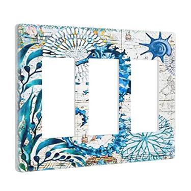 Imagem de Placa de interruptor de luz náutica de cavalo marinho de praia com 3 interruptores de luz decorativa tripla tomada de parede placa frontal decorativa para banheiro casa sala de estar quarto decoração 16 x 12 cm
