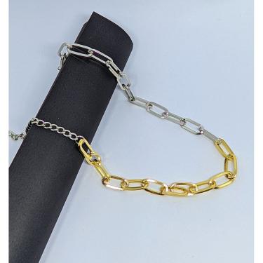 Imagem de Colar Choker Feminino Corrente elos Grosso Retangular Mix Dois Banho Dourado com Prata Inspiração Tendência Moda 2024