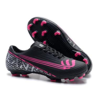 Imagem de Chuteira Campo Gramado Preto Pink Cano Baixo com Trava Tachão Solado C