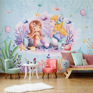 Imagem de Papel de Parede Menina Sereias Fundo do Mar Concha Rosa 9m² - Quartinh