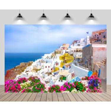 Imagem de CHNYWORK Fundo fotográfico de 2,7 m x 1,8 m na Grécia, ilha de Santorini, vila de Oia, litoral do mar Egeu, flores desabrochando para casamento, casamento, viagem, festa, banner, sessão de fotos,