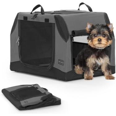 Imagem de Petsfit Caixa Pop-Up Para Cachorro De 26 Espaços, Capa De Tecido Ajustável Por Tubo De Ferro Espiral, Design De 3 Portas À Prova De Mastigação, Canil Portátil Cinza Interno