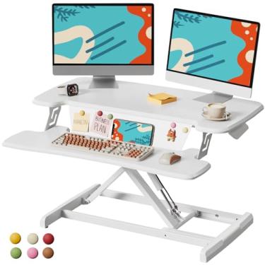 Imagem de JOY worker Conversor de mesa em pé, suporte de mesa ajustável de 81 cm de altura com bandeja de teclado e 6 ímãs de geladeira, elevador de estação de trabalho de mesa para computador e laptop, branco