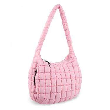 Imagem de Sacola acolchoada para mulheres, bolsa tiracolo grande bolsa de ombro leve de nylon Hobo com zíper, bolsa acolchoada e macia para viagens diárias (rosa), rosa, Medium