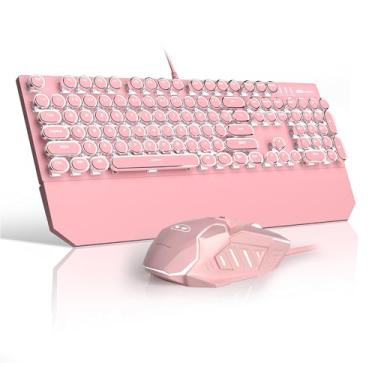 Imagem de Combo de teclado mecânico retrô rosa estilo máquina de escrever e mouse, teclado mecânico iluminado com fio, switches lineares vermelhos, tamanho completo para jogos, trabalho, Mac, PC, Windows