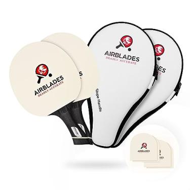 Imagem de AIRBLADES Conjunto profissional de 2 raquetes de pingue-pongue + duas borrachas sobressalentes | Raquete de tênis de mesa profissional com estojo de transporte rígido | Alça ergonômica | 5 lâminas de