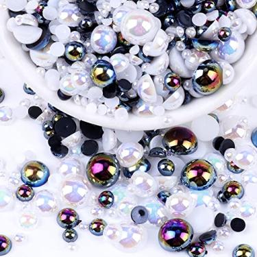 Imagem de Pérolas de fundo plano para artesanato, 50 g preto branco AB meia pérola para artesanato, tamanho misto 3/4/5/6/8/10 mm contas de pérolas meia redonda plana para artesanato copos sapatos copos projetos arte de unhas rosto