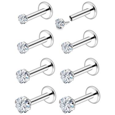 Imagem de Vsnnsns Anéis de nariz de pressão sem fio 18G 20G para mulheres aço inoxidável cirúrgico 316L Pinos de nariz em forma de L Anéis de nariz de ossos de parafuso Piercing de narina CZ 1,5 mm 2 mm 2,5 mm 3 mm prata 8-12 peças, Metal Cristal Strass, Cristal