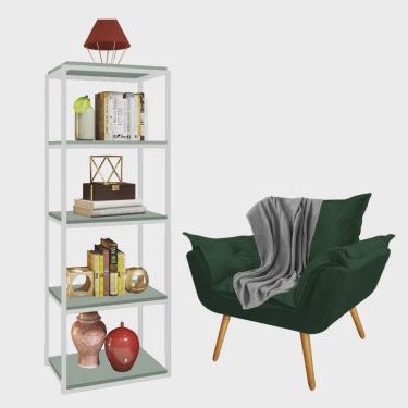 Imagem de Kit Poltrona Fatte com Manta Soft Cinza e Estante Livreiro Ferro Branco mdf Verde Oliva Suede Verde Musgo - Ahz Móveis