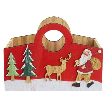 Imagem de Caixa / Cesta Multiuso Natal Papai Noel Rena Madeira 18x8x13cm