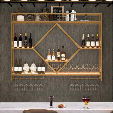 Imagem de Rack de vinho de metal montado na parede moderno, prateleira de bar elegante com porta de vidro pendurado, prateleira de exibição de garrafa de licor, prateleiras flutuantes de ferro para ar