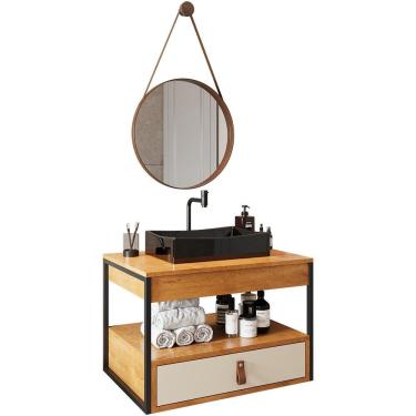 Imagem de Gabinete De Banheiro Com Espelho E Cuba Preta Preto-canela-off White-castanho