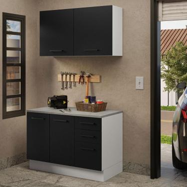 Imagem de Kit Com Balcão E Armário Aéreo Multiuso 120cm Branco/preto Agata Madesa Branco/preto