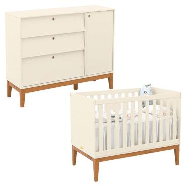 Imagem de Berço Americano e Cômoda Sapateira Unique Off White Eco Wood em MDF 136cm Certificado INMETRO Matic Móveis