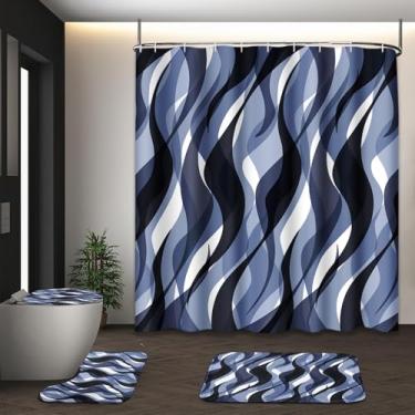 Imagem de Tayney Conjunto de cortina de chuveiro azul com tampa de vaso sanitário e tapetes antiderrapantes para banheiro, linhas geométricas, ombré, 4 peças, conjunto de banheiro moderno abstrato simples com