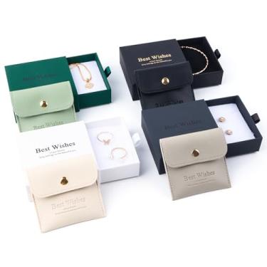 Imagem de 4 caixas de presente com gavetas, joias de 9,5 x 9,5 x 3,5 cm para presente, embalagem de joias de papelão com botão de pressão bolsa de joias para brincar, colar, anel