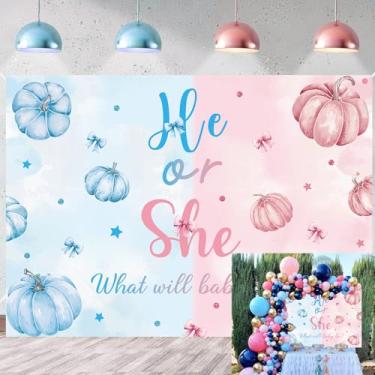 Imagem de Tema de abóbora revelação de gênero pano de fundo tema de outono menino ou menina banner para fotografia revelação de bebê ele ou ela decoração de parede para festa de chá de bebê (210 x 150 cm)