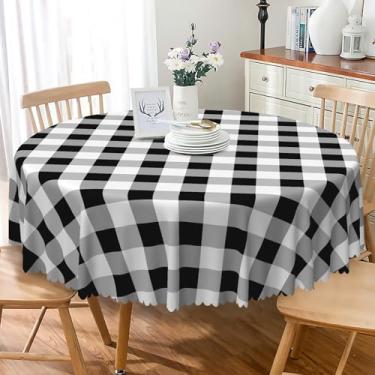 Imagem de Laeacco Toalha de mesa redonda quadriculada de 122 cm, preto e branco, toalha de mesa com estampa xadrez de búfalo, lavável, impermeável, sem vincos, para fazenda, cozinha, sala de jantar, piquenique